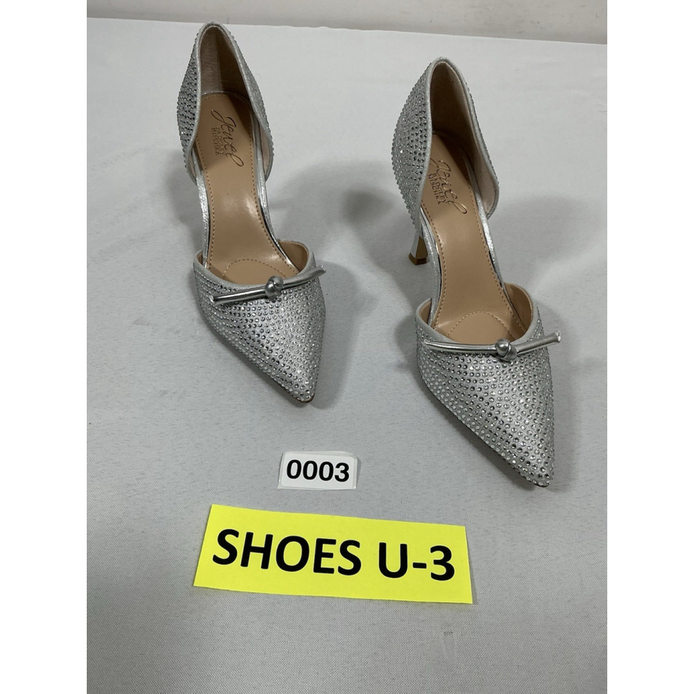 Woman’s NWOT Jewel Badgley Michka Slip On Stiletto Pumps 7 Silver Rhinestone Bow - Picture 3 of 8